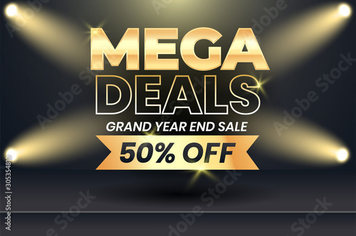 mega sale banner with gold text on dark background