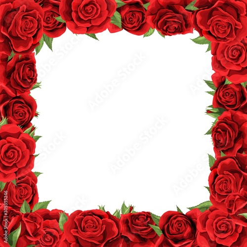 Elegant red roses and green leaves floral bouquet vector design frame