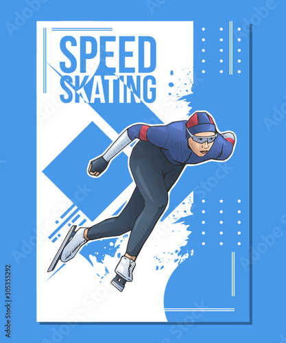 Vector illustration of speed skater skating on ice. Winter sports poster on abstract background