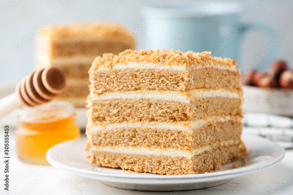 Russian honey layer cake Medovik slice. Closeup view. Biscuit honey layers with pastry cream. Tasty dessert square cake Russian honey layer cake Medovik slice. Closeup view. Biscuit honey layers with pastry cream. Tasty dessert square cake