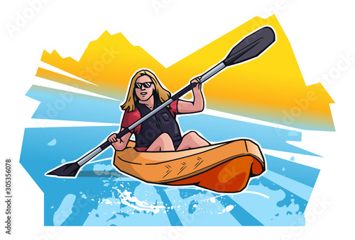 Vector illustration of smiling woman swimming in canoe or kayak. Sport themed poster on abstract background