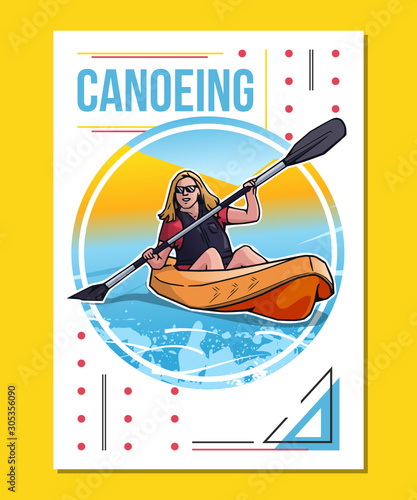 Vector illustration of smiling woman swimming in canoe or kayak. Sport themed poster on abstract background