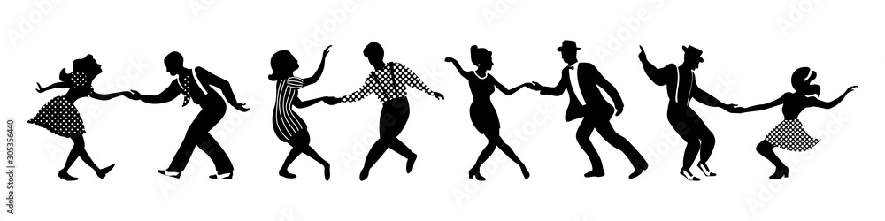 Banner with four black silhouettes of dancing couples on white background. People in 1940s or 1950s style. Vector illustration.