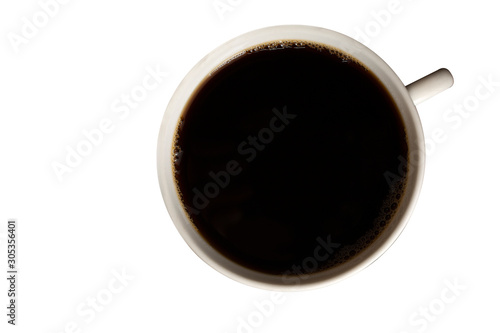 Top view Black coffee in white cup isolated on white background. Save with clipping path.