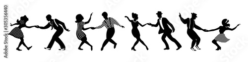 Banner with four black silhouettes of dancing couples on white background. People in 1940s or 1950s style. Vector illustration.
