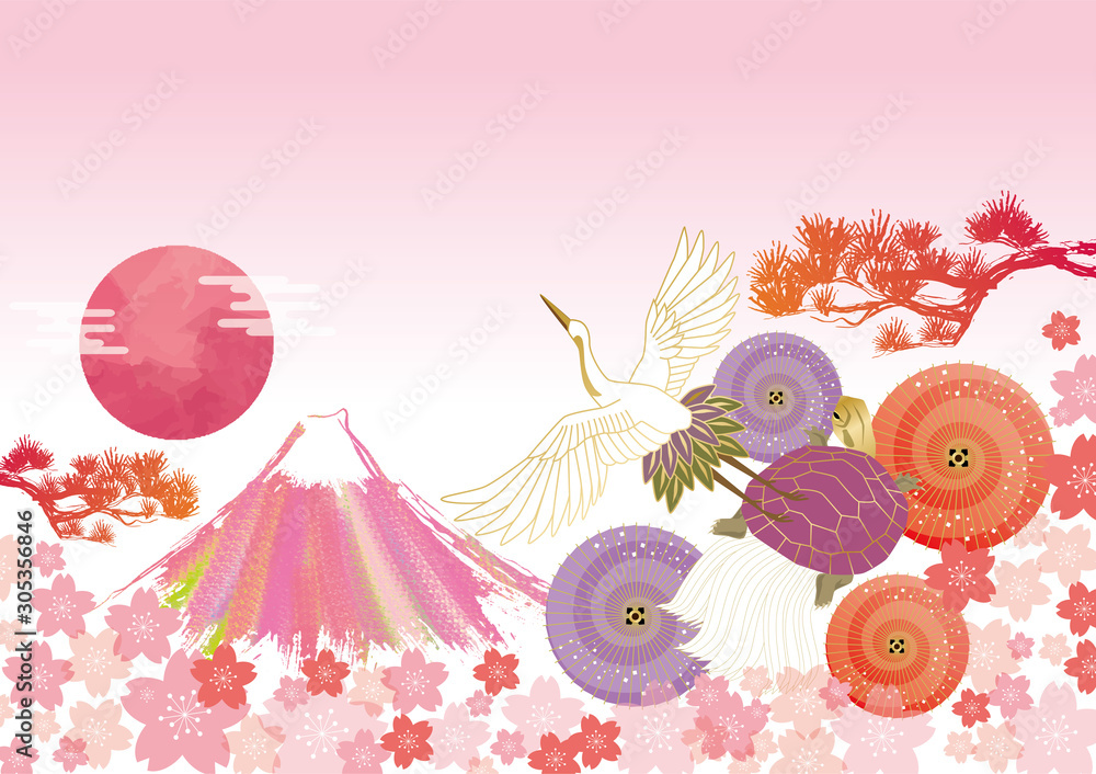 富士山 富士山 年賀状 年賀 ご来光 初日の出 太陽 鶴 亀 桜 日本一 松 番傘 Stock Vektorgrafik Adobe Stock