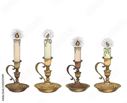Candle sketch set. Hand drawn vector illustration of a burning candle with rays of light in vintage style