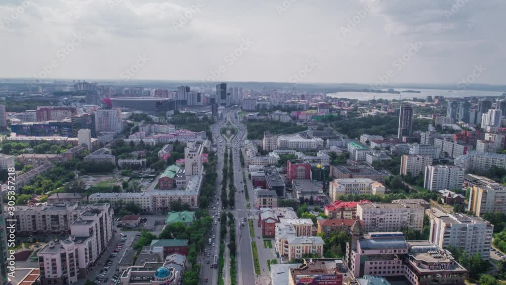 Aerial drone hyperlapse, city at daylight, Yekaterinburg City, Russia Aerial drone hyperlapse, city at daylight, Yekaterinburg City, Russia