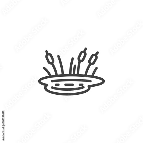 Pond with reeds line icon. linear style sign for mobile concept and web design. Lake with plants outline vector icon. Symbol, logo illustration. Vector graphics