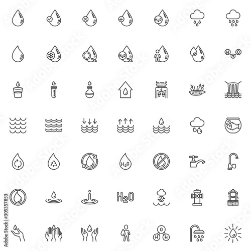 Water line icons set. linear style symbols collection, outline signs pack. vector graphics. Set includes icons as water cycle, fire hydrant, H2O formula, laboratory glass, raindrops, dispenser, rain