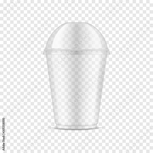 Clear empty small plastic cup with dome lid on transparent background, realistic mockup. Disposable takeaway drink mug with cap, vector template