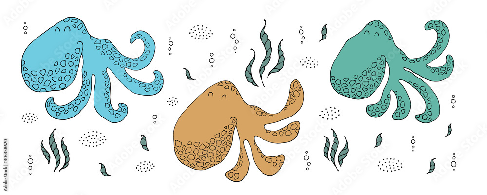 Naklejka premium Drawing - funny octopuses and hand drawn elements.