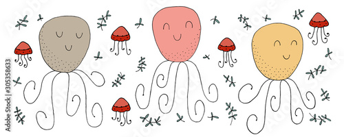 Drawing - funny octopuses and hand drawn elements.