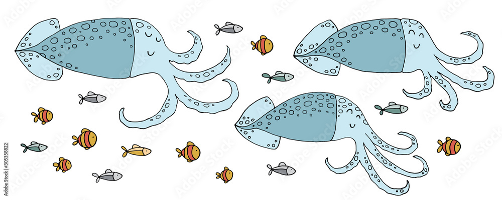 Drawing - funny squids and hand drawn elements.