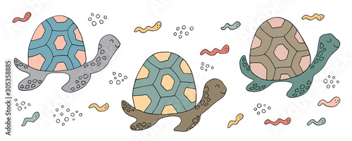 Drawing - funny sea turtle and hand drawn elements.
