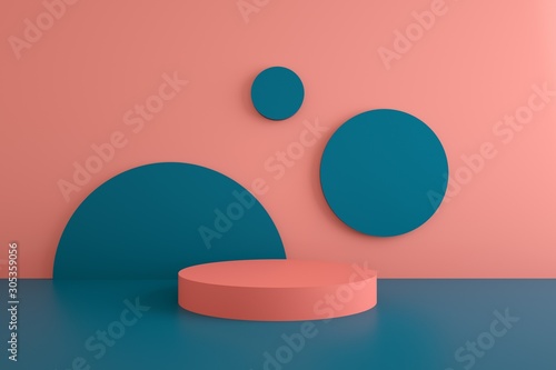 3d rendered studio with geometric shapes, podium on the floor. Platforms for product presentation, mock up background. Abstract composition in minimal design.