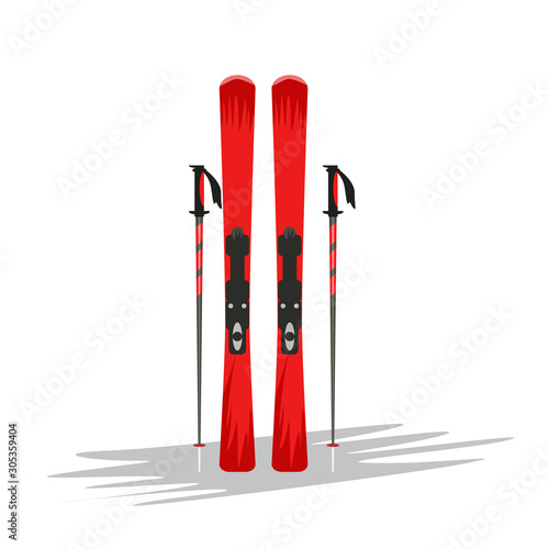 Ski and sticks mockup with hand drawn or cartoon style for your design. Vector illustration.
