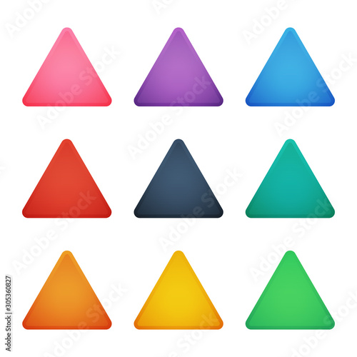 Colorful triangle buttons set. Vector assets for web or game design, app buttons, icons template isolated on white background.