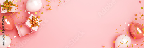 Happy New Year design creative concept, balloon, gift box, glittering confetti on pink background. Copy space text area, flat lay. 3D rendering illustration.