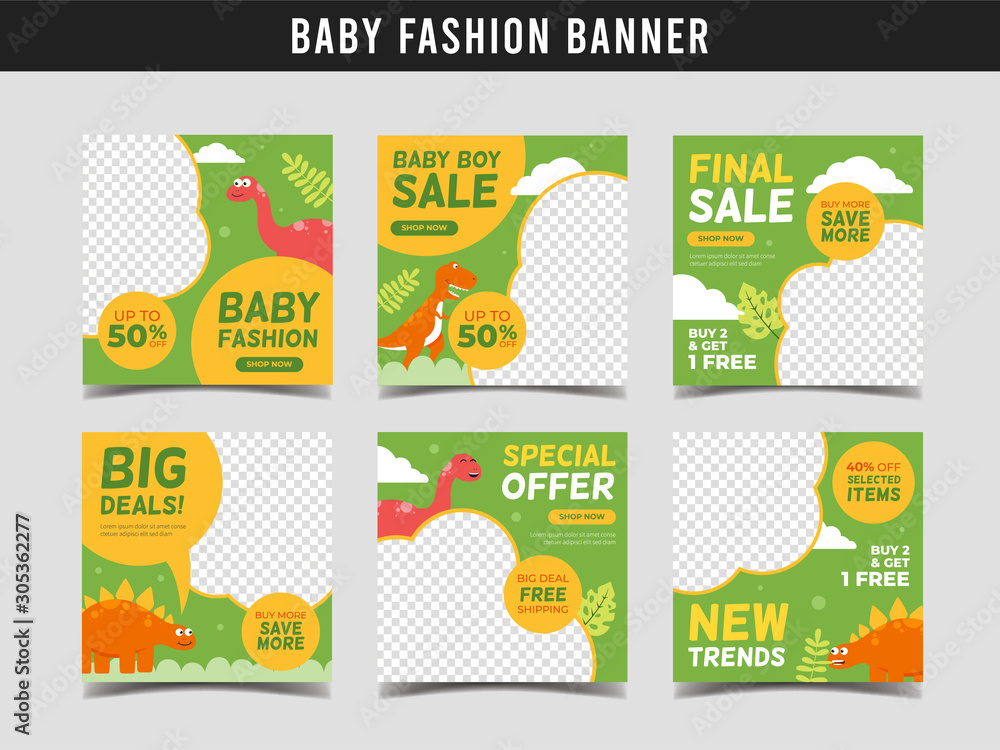 Baby fashion sale square banner template with dinosaurs illustration. Promotional banner for social media post, web banner and flyer