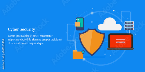 Cyber security - shield protecting digital devices, cloud, server, data storage concept. Flat design web banner template.