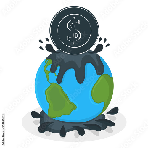 Earth Oil Pollution Concept Icon and Label. Earth Pollution by Petroleum. Catastrophe Symbol, Icon and Badge. Cartoon Vector illustration photo