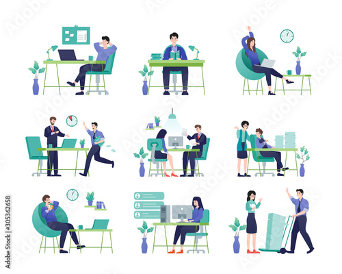 Office worker illustration. Businessman and businesswoman with various actions and activities