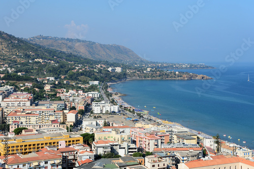 Fototapeta Naklejka Na Ścianę i Meble -  View of Cefalu town from the Rocca di Cefalu in the morning. Sicily, Italy