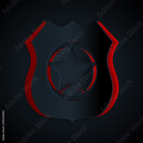 Paper cut Police badge icon isolated on black background. Sheriff badge sign. Paper art style. Vector Illustration