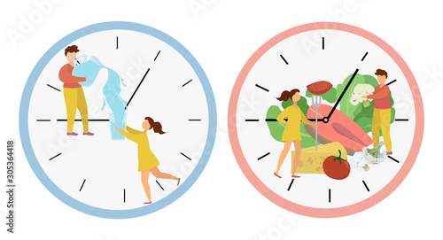 Intermittent fasting concept. Dial with people pouring water and eating food. Scheme 8 16. Food window. Weight loss method. Isolated vector flat illustration.