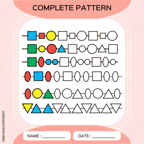 Complete repeating patterns. Worksheet for preschool kids. Practicing motor skills, improving skills tasks. Complete the pattern. Color beads. Red background. Square, circle, oval, triangle