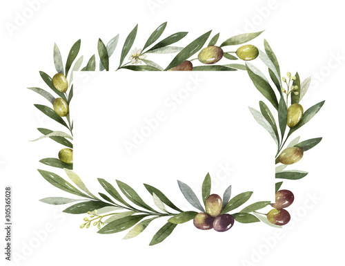 Watercolor vector frame of olive branches and leaves.