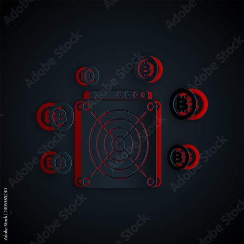 Paper cut ASIC Miner icon isolated on black background. Cryptocurrency mining equipment and hardware. Application specific integrated circuit. Paper art style. Vector Illustration