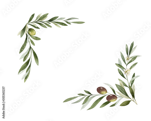 Watercolor vector wreath of olive branches and berries.