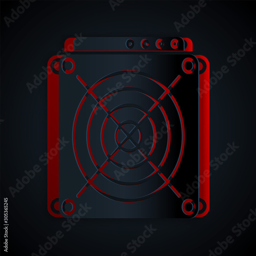 Paper cut ASIC Miner icon isolated on black background. Cryptocurrency mining equipment and hardware. Application specific integrated circuit. Paper art style. Vector Illustration
