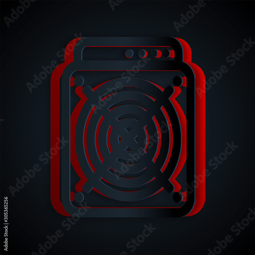 Paper cut ASIC Miner icon isolated on black background. Cryptocurrency mining equipment and hardware. Application specific integrated circuit. Paper art style. Vector Illustration