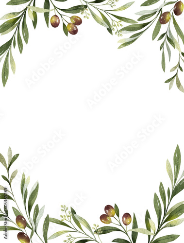 Watercolor vector frame of olive branches and leaves.