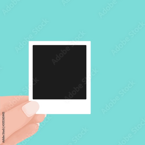 hand holding blank retro paper photo frame. instant photo frame polaroid concept. Vector flat cartoon illustration for web sites and banners design.