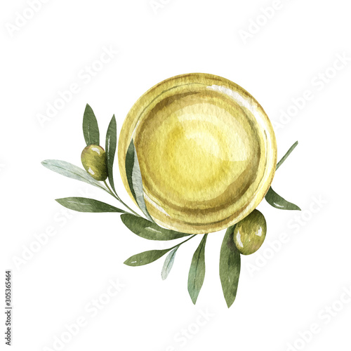Watercolor vector card with olive oil bowl and branches.