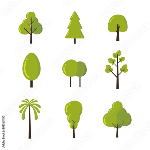 set of trees icon symbol and shapes isolated in white background. Vector flat cartoon illustration for web sites and banners design.