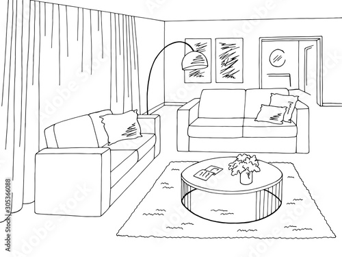 Living room graphic black white home interior sketch illustration vector