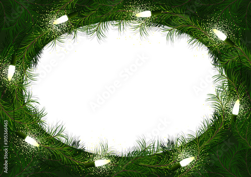 Christmas Wreath Arranged  from Fir Twigs Decorated with Glowing Christmas Li...