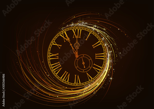 New Year Greeting Card with Sparkling Clock Face - Abstract Background Illustration with Sparkle Effects on Black, Vector Graphic