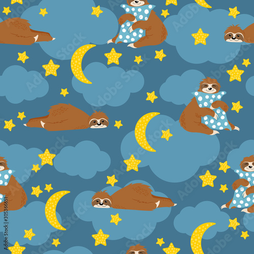 Little sleeping sloth bear lying down and hug pillow on blue background with clouds and stars and moons. Vector seamless pattern with cute hand drawn sloths in cartoons style. 