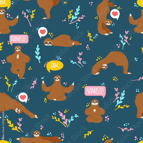 Little sloth bears doing yoga in different poses on dark blue background with speech bubble and text and colorful leaves. Vector seamless pattern with hand drawn sloth with various poses.
