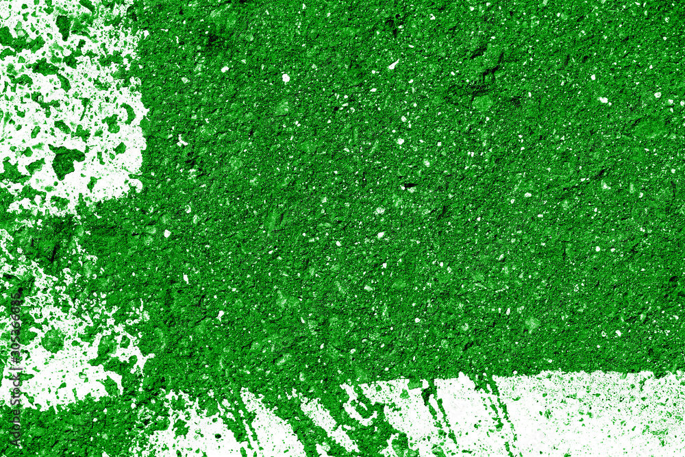 Old asphalt surface with white paint close-up, top view. Abstract background. Green color toned Old asphalt surface with white paint close-up, top view. Abstract background. Green color toned
