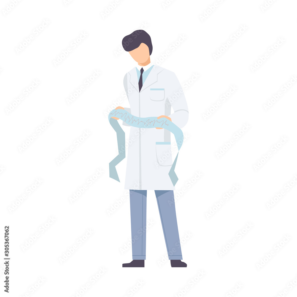 Male Doctor Cardiologist With List Of Examinating With Heart Curves Flat Vector Illustration Male Doctor Cardiologist With List Of Examinating With Heart Curves Flat Vector Illustration
