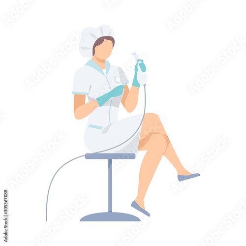 Female Medical Worker In White Robe With Equipment For Gynecological Examination Flat Vector Illustration