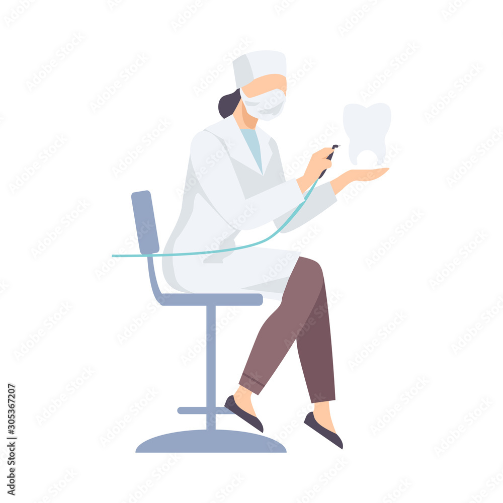 Dentist Female In White Robe Sitting With Special Equipments Flat Vector Illustration Stock