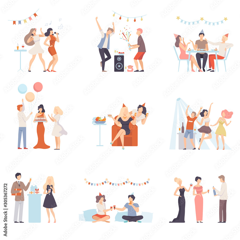 Holidays And Events, People Having Fun At Party, Singing, Congratulating Each Other Vector Illustration Set Isolated On White Background
